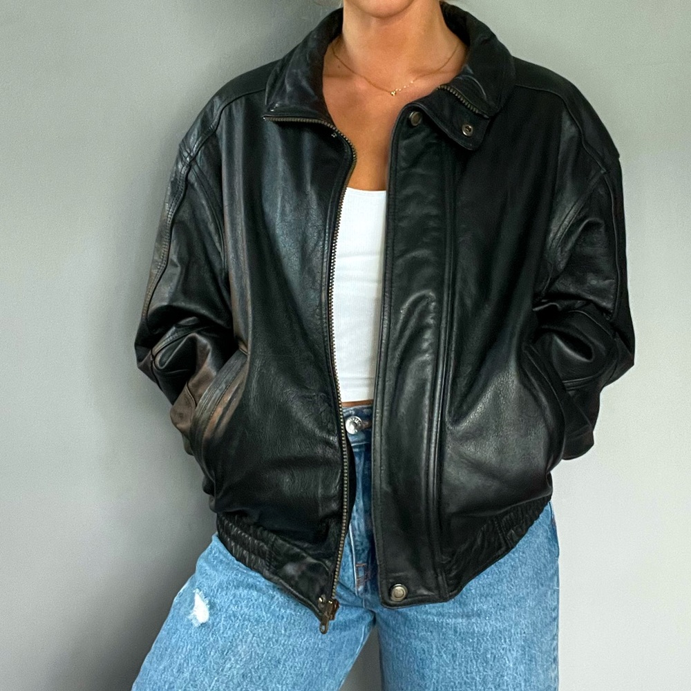 VINTAGE • Members Only 100% Leather Black Collared Zip Up Snap Neck Jacket Coat